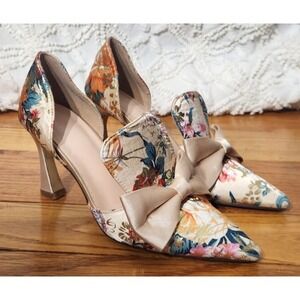 Satin Floral Pumps Size 5 / EU 35 Multicolor Bow Booties Square Heel Pointed Toe